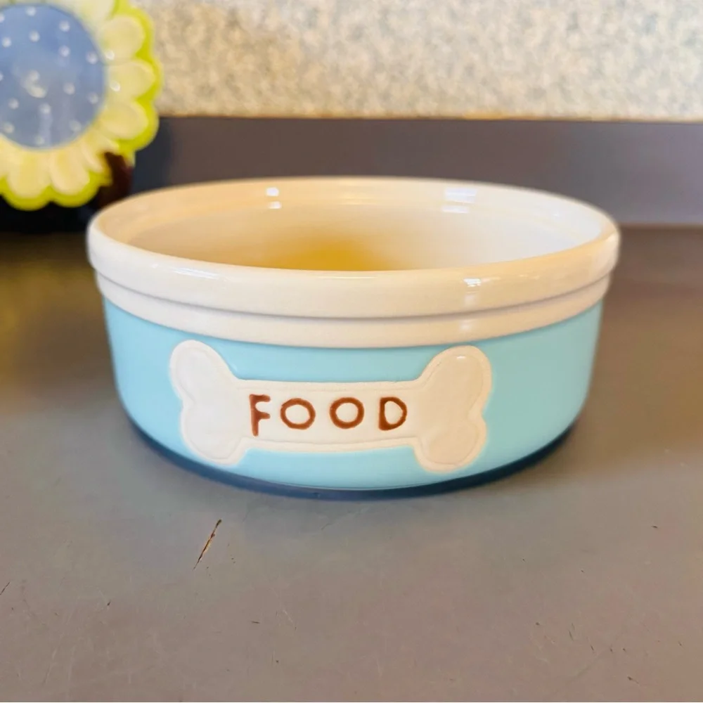 Ceramic Dog Bowl Blue White & Food, Brown Letters With Brown Bone Print